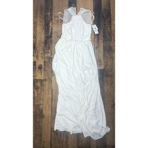Davids Bridal Ivory Sheath Illusion High Neck Beaded Waist Long Dress Size 8‎